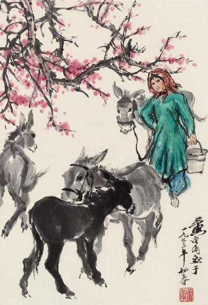  1973年作 喂驴图 镜片 设色纸本