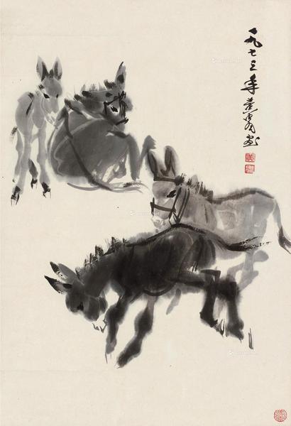  1973年作 四驴图 立轴 水墨纸本