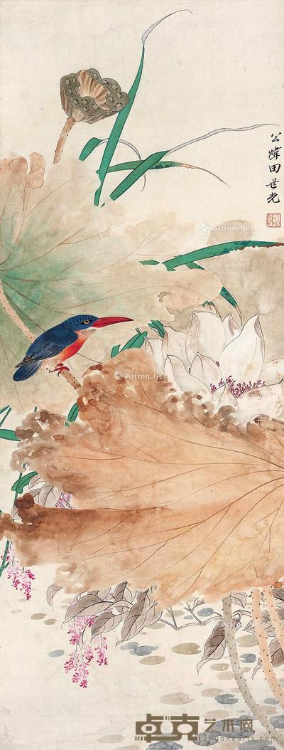 荷塘翠鸟 立轴 设色纸本 94×36cm