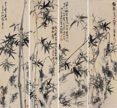  壬午（1882）年作 竹石 四屏 立轴 水墨纸本