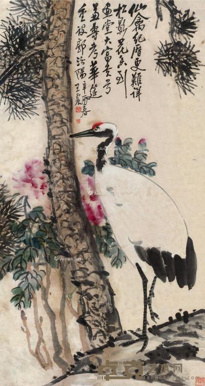  辛酉（1921）年作 松鹤延年 立轴 设色纸本 148.5×79.5cm