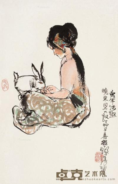 丁卯（1987）年作 兔年涉趣 立轴 设色纸本 66×41cm