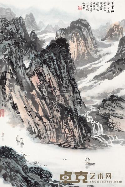  壬戌（1982）年作 江陵帆影 立轴 设色纸本 67.5×45cm