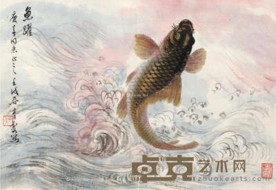  壬戌（1982）年作 鱼跃 镜框 设色纸本 19×27cm