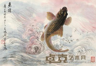 壬戌(1982)年作 鱼跃 镜框 设色纸本 19×27cm