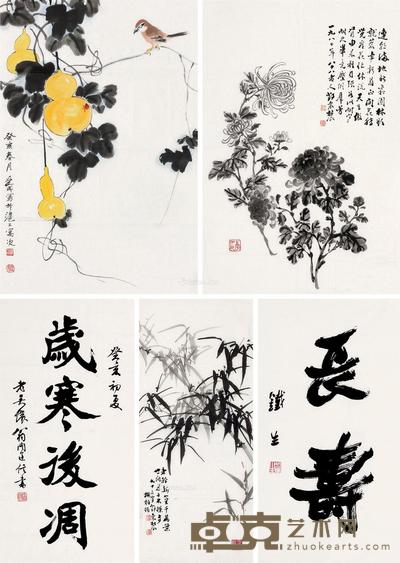 花卉书法 (五帧) 镜片 设色 水墨纸本 69×45cm;69×37cm;68×34cm;64×27.5cm;68×47cm