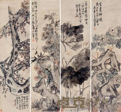  庚辰（1880）年作 四时花卉 四屏 立轴 设色纸本 174×45cm×4