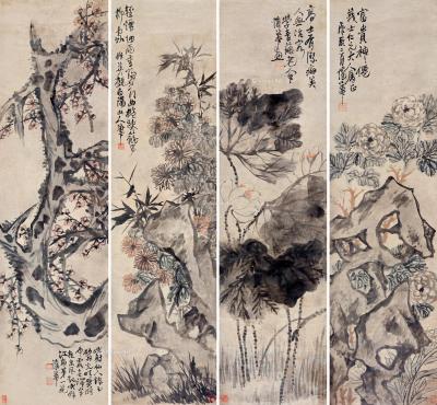  庚辰（1880）年作 四时花卉 四屏 立轴 设色纸本