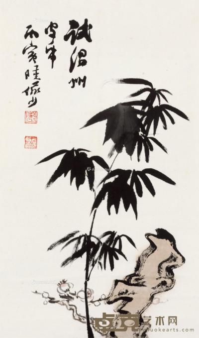  丙寅（1986）年作 竹石图 镜片 设色纸本 68.5×40.5cm