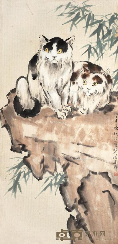 1943年作 猫趣 镜框 设色纸本 90.5×44cm