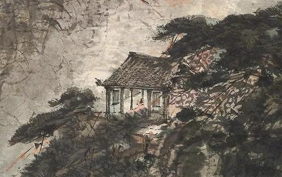 拍品《巴山烟雨》中半山腰的屋舍与朱衣高士，是作品的另一画眼