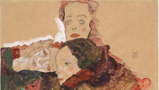 《三个少女》（Group of Three Girls）细节图。埃贡·席勒创作于1911年。图片来源：维也纳阿尔贝提纳博物馆