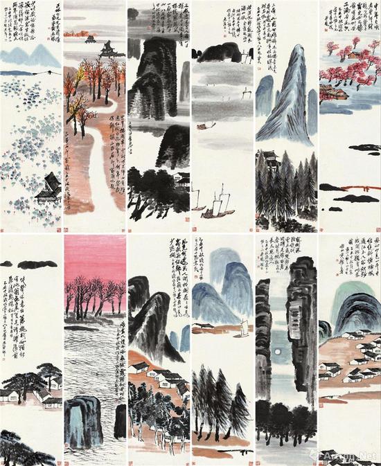 齐白石（1864~1957年） 1925年作《 山水十二条屏》（2017年北京保利9.315亿元成交，折合美元1.397亿元）