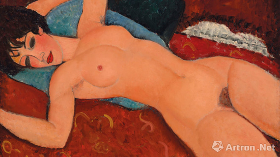 图13 意大利画家亚美迪欧·莫迪瑞安尼（1884~1920）《侧卧的裸女》油画（2015年纽约佳士得以1.7亿美元成交）