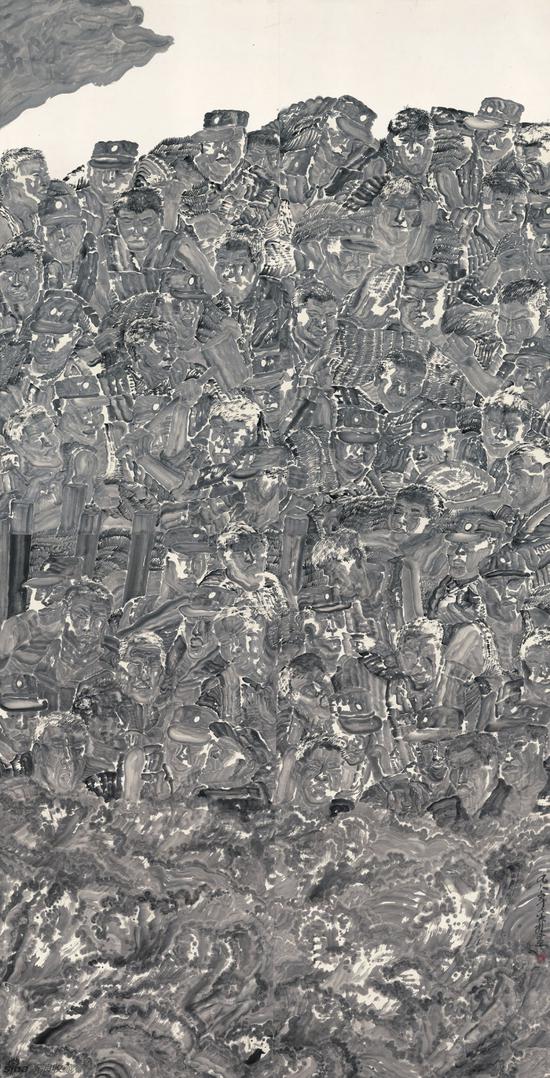 周京新-战洪图-纸本水墨-1998年-320x160cm