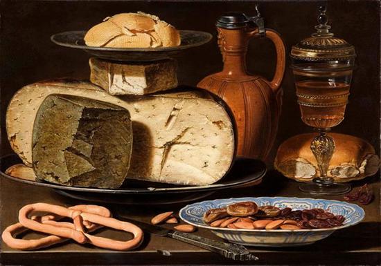 Still Life with Cheeses, Almonds and Pretzels，Clara Peeters，1615