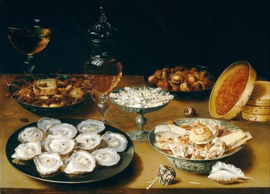 ]Osias Beert，Dishes with Oysters, Fruit, and Wine，1615