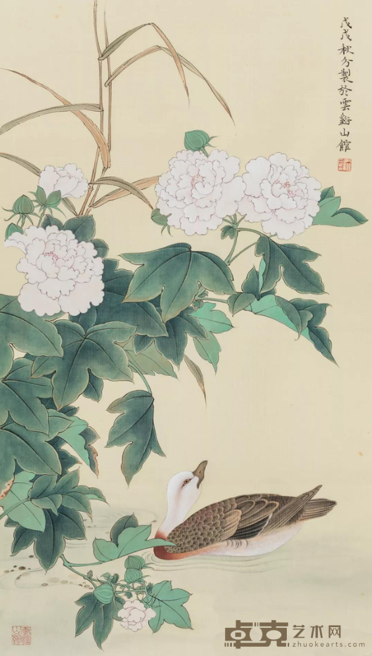 《芙蓉水禽图》 尹继田 70x39cm 绢本设色