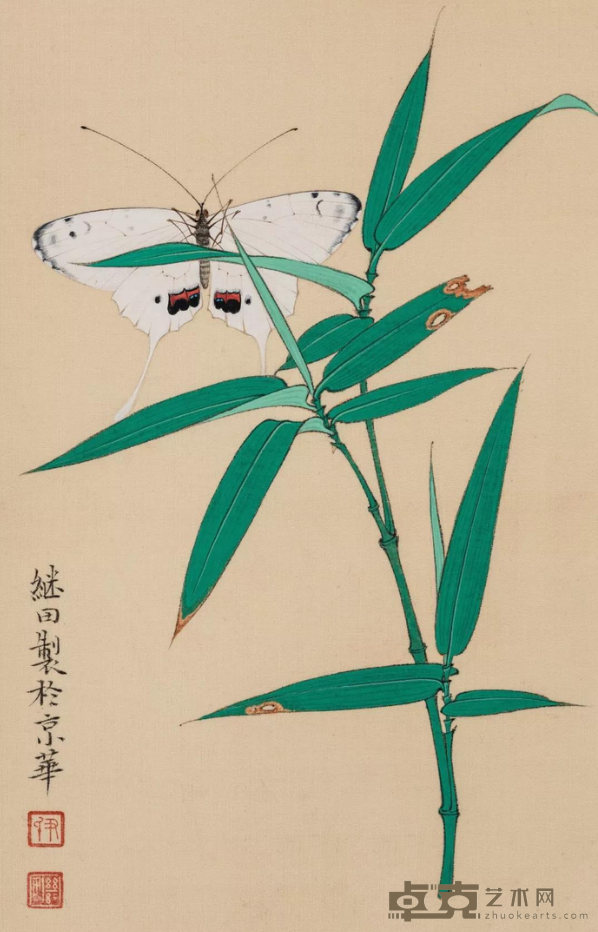 《青篁蝶憩图》 尹继田 25x16cm 绢本设色