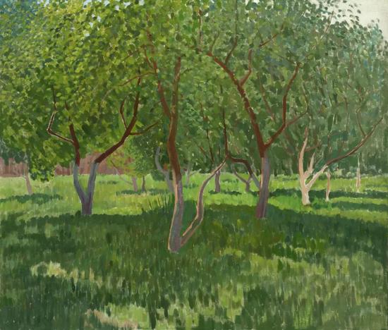 西多罗夫《阳光下的果园》布面油画80×93cm 2002