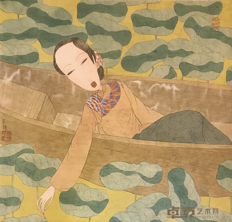《荷塘小舟》 吴扬 66x65cm 1998年 水墨设色纸本