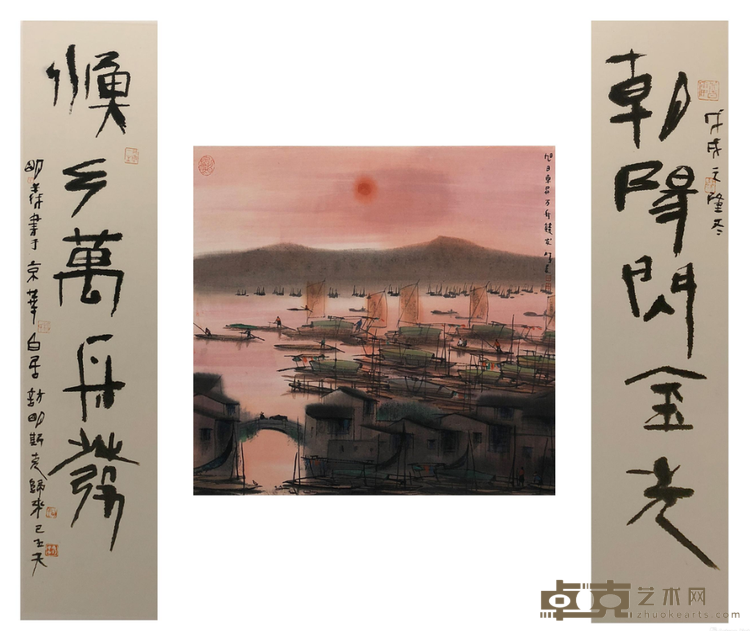 《旭日东升 万舟竞发》 杨明义 42x45cm 84x19cm (对联) 2019年 水墨设色纸本