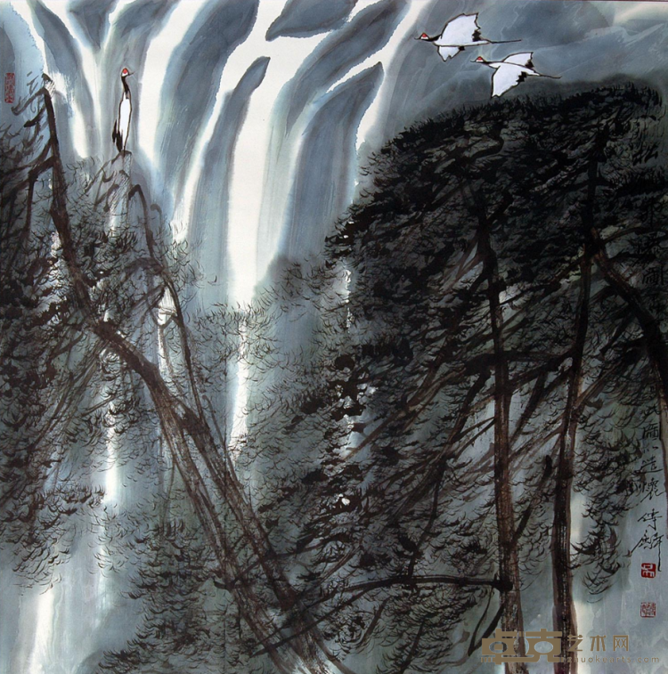 《松鹤飞瀑图》 吴传麟 68.5x68.5cm 2004年 纸本设色