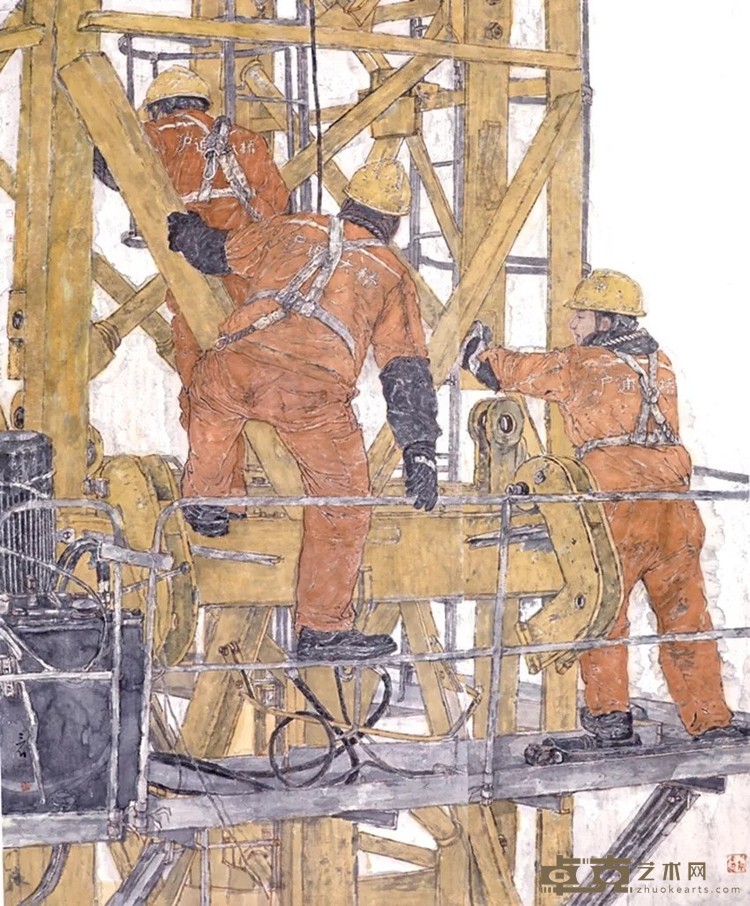 陈三石  大国工匠——沪通大桥的建设者  国画  244cm×198cm