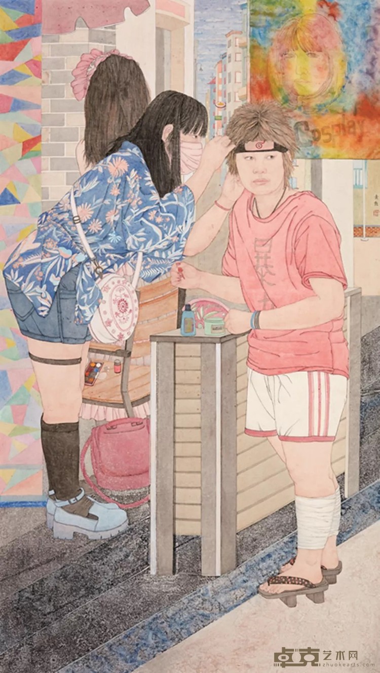 李素艳  青春街头  国画  205cm×115cm