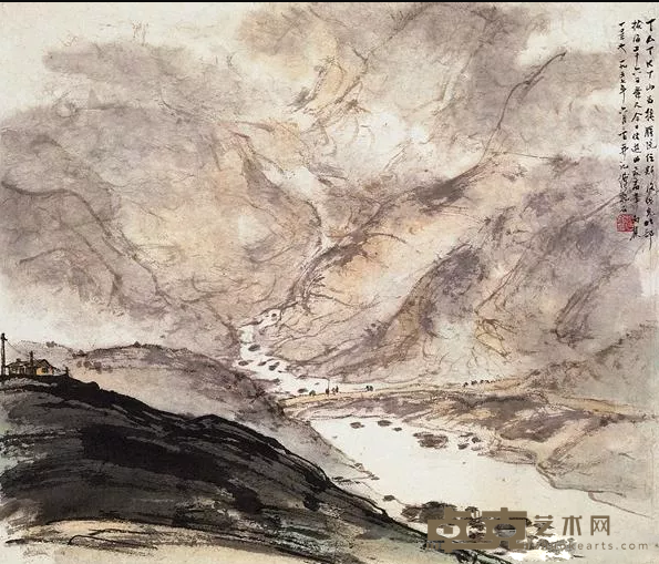 《大特达山天文台旁即景（册页）》 傅抱石 48.7x57.2cm 1957年 纸本设色