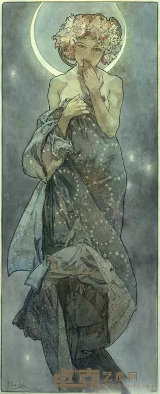 《月亮和星星：“月亮”习作》 阿尔丰斯·慕夏 56x21cm 1902年