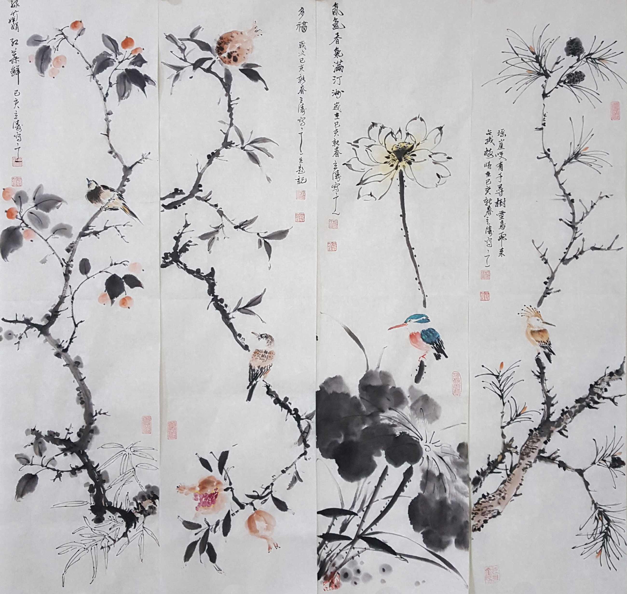 花鸟四条屏100x25cmx4