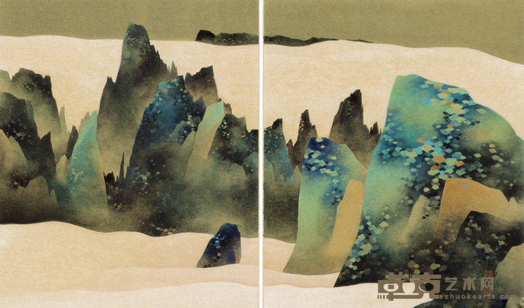 《横云揽翠之三》 陈鏡田 45x38cmx2 2017年 水墨设色金笺