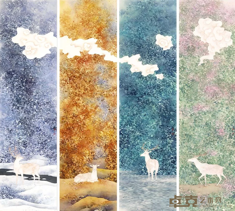 《鹿呜四季》 陈鏡田 173x47cmx4 2014年 水墨设色纸本