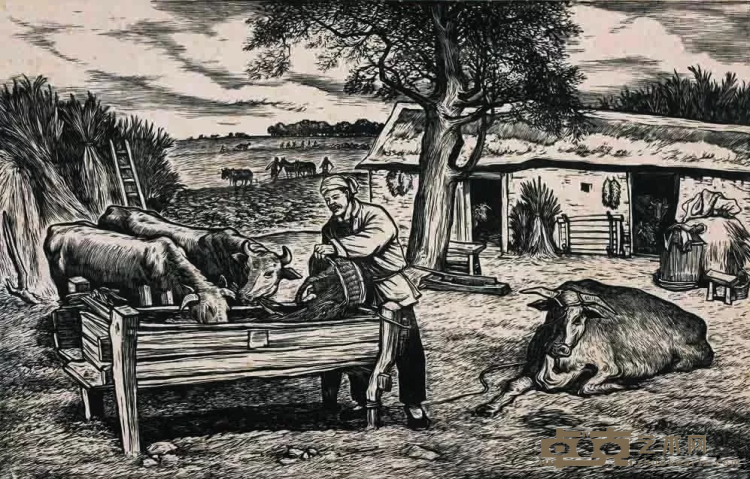 《农业生产合作社的饲养员》 王琦 23.5x35cm 1955年 木刻版画