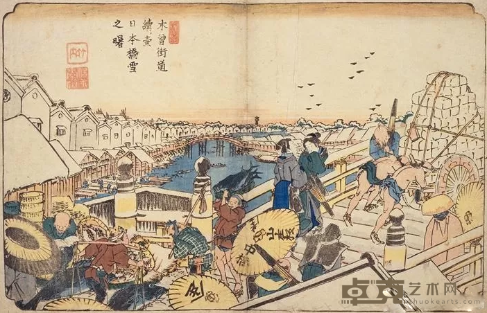 《木曽街道续之壱 之“日本桥雪之曙”》 溪斋英泉（图）、内孙八（版） 天保6年（1835）