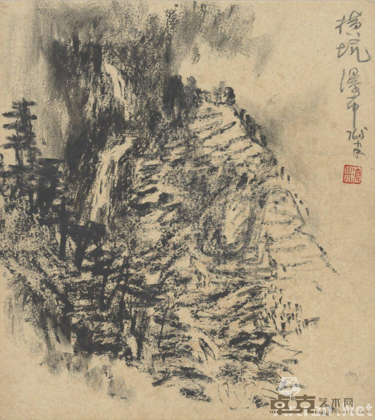 《横坑瀑布》 周沧米 23x21cm 1976年