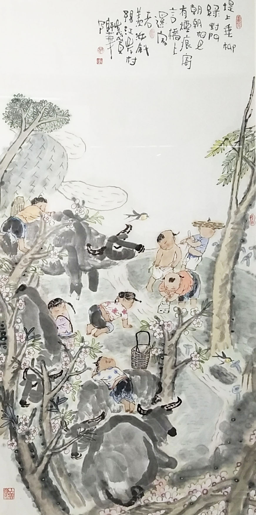 堤上垂柳江岸村138x69cm