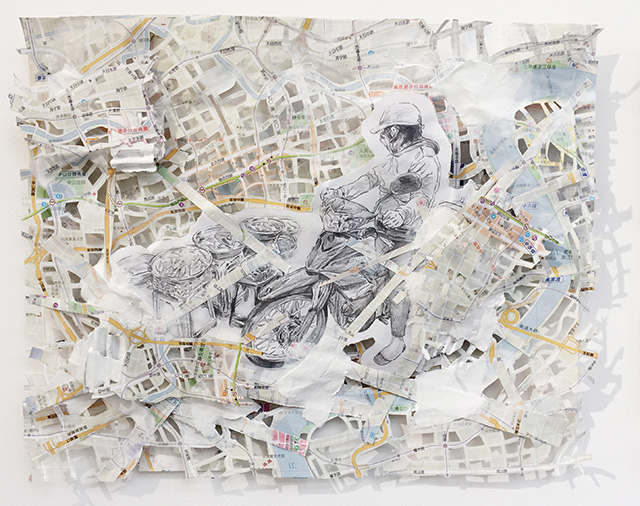 14_2019AArt城市创新秀作品：Jamie Ekkens-Scooter Messanger Theme College with Shanghai Map01-white acrylic paint on cardboard and graphite rendering on marker paper-17×14cm-2019