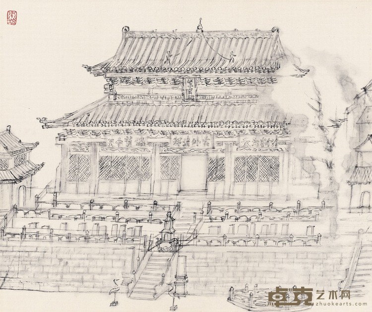 汤士澜 武当山紫宵殿 绢本水墨 28×32cm 2015年