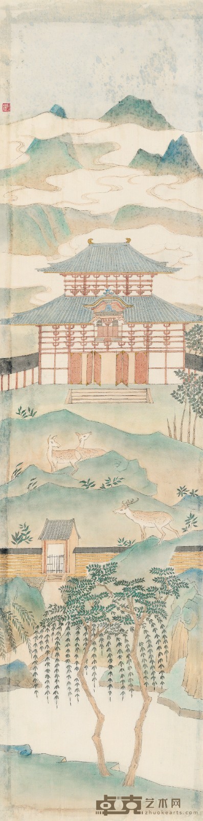 汤士澜 鹿苑 纸本设色 132.5×33cm 2018年