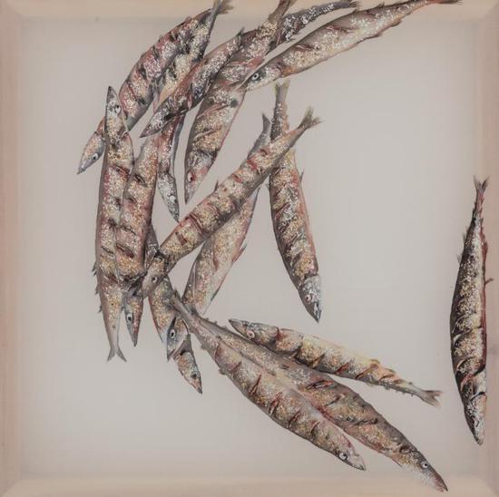 张云霏，吃吃的爱之鱼你相遇，绢本综合材料，60×60cm
