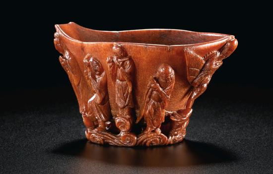 明十七世纪 犀角镂空浮雕 “寿老八仙” 图盃