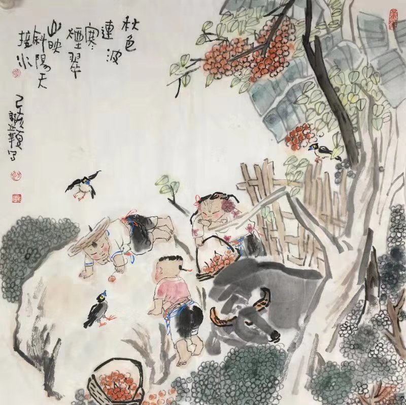 秋色连波，山映斜陽69x69cm