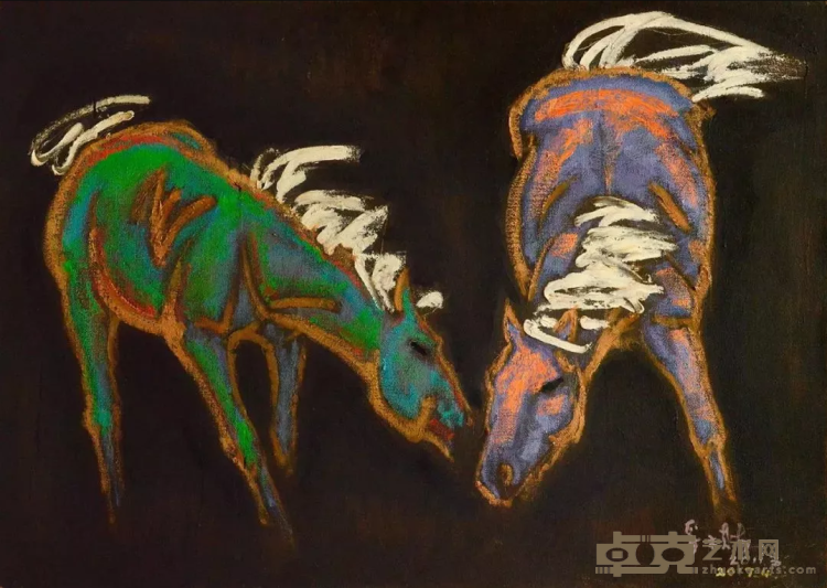 《交叉头颈共食的马匹》 妥木斯 90x120cm 2011年创作 2017年修改 布面油画