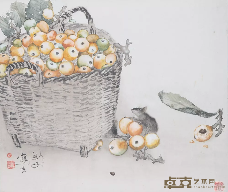 《老鼠偷枇杷图》轴 高剑父 52.5x61.5cm 纸本设色