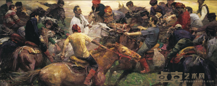 《塔吉克人的叼羊系列·首篇 陷入重围的英雄》 文国璋 200x500cm 2009年 布面油画