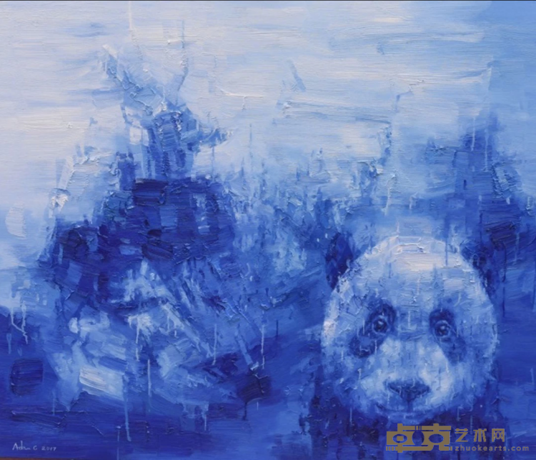 《Shan Shui与熊猫1701蓝色》 张鸿俊 110x130cm 2017年 油画