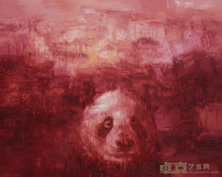 《Shan Shui与熊猫1803橘色和深红》 张鸿俊 150x120cm 2018年 油画