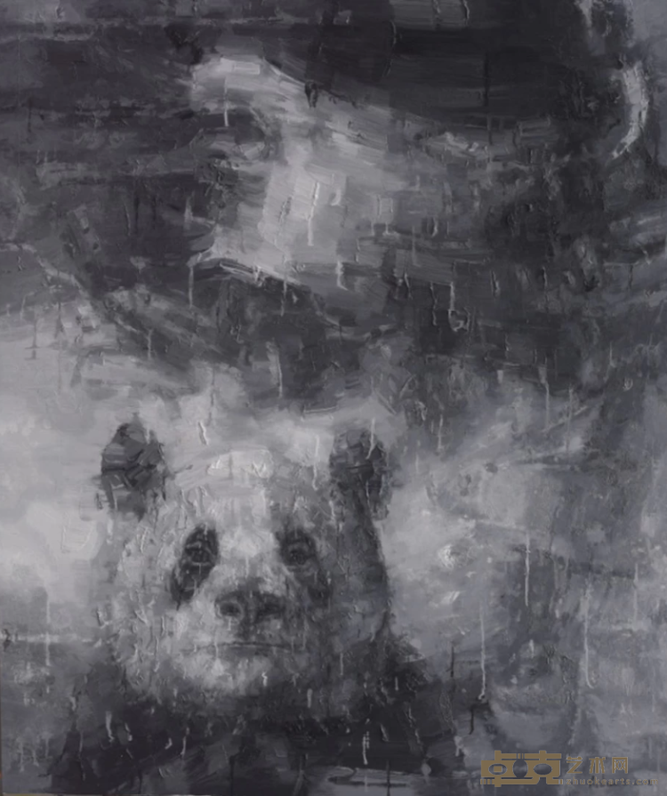 《Shan Shui与熊猫1802-黑色》 张鸿俊 130x110cm 2018年 油画